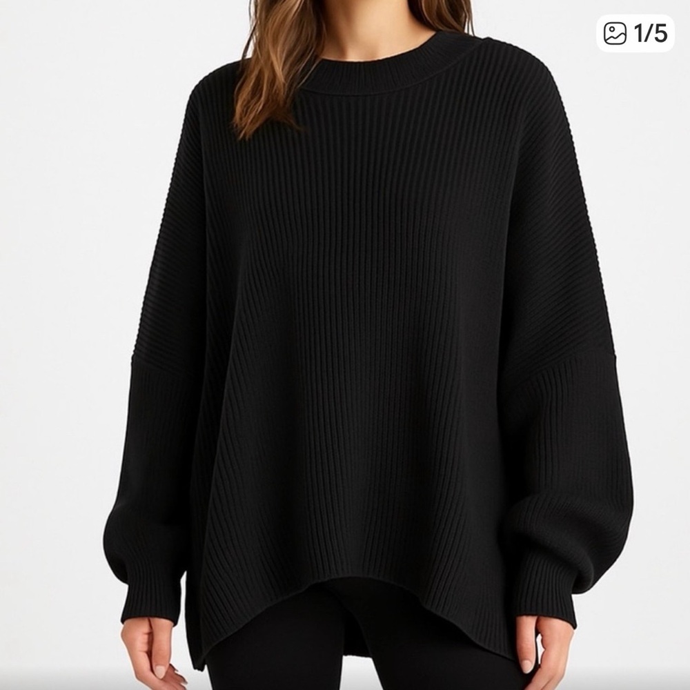 Free People Black Ribbed Crewneck Sweater
